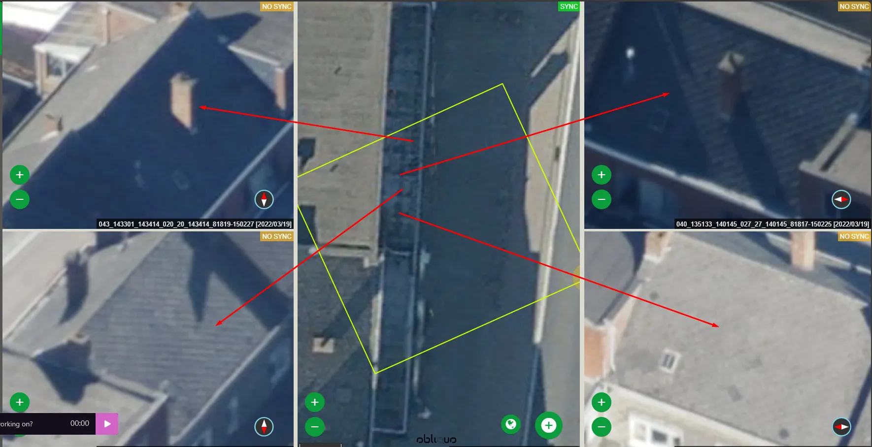 Plugin view with an orthophoto in the centre and four oblique images of the same roofs, linked by arrows to one roof outline.