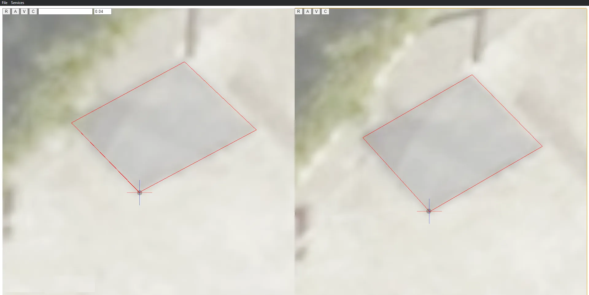 A roof polygon captured in 3D, outlined in red in two oblique images.