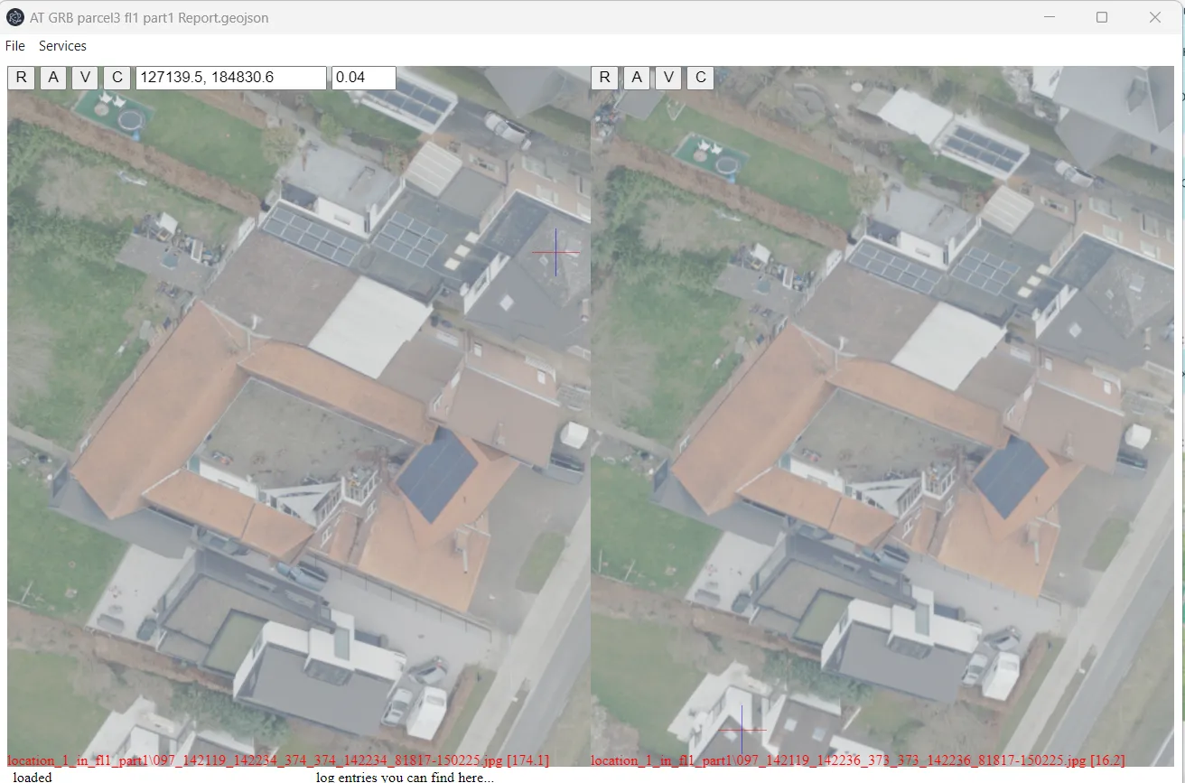 Viewer window with two oblique images of the same buildings; the toolbar shows the coordinates under the cursor.