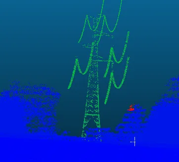Classified point cloud of a transmission tower and its conductors (green) above vegetation (blue), with one point cluster highlighted in red.
